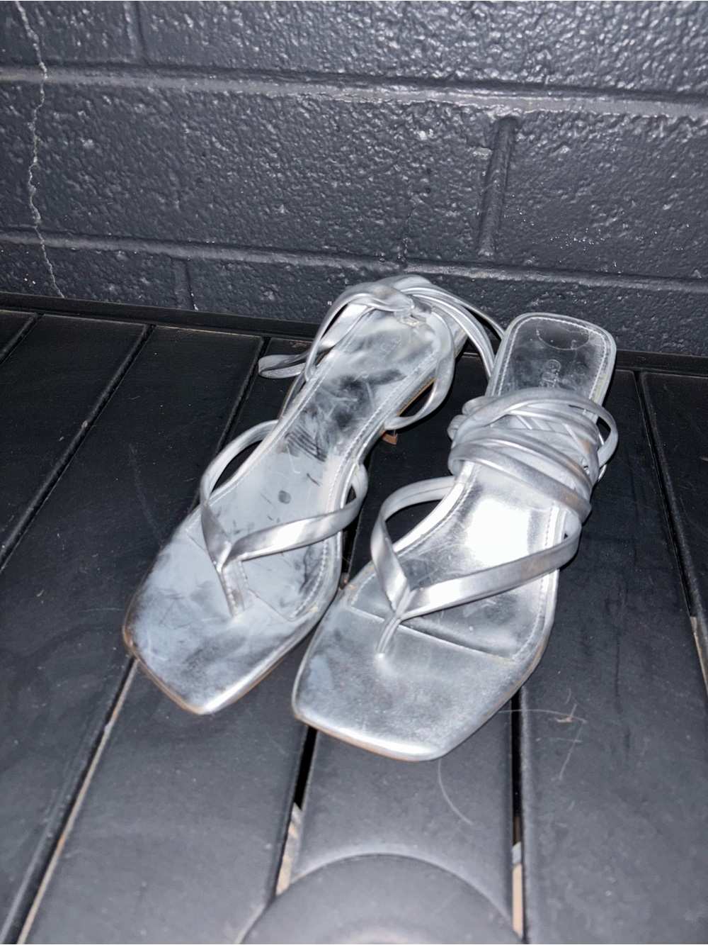 Guess Metallic Silver Strappy Square-Toe Heels Size 5